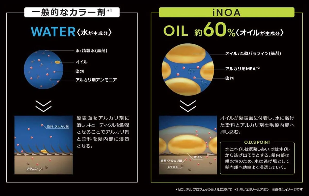 一般的なカラー剤は水が主成分、iNOAは約60%がオイルで構成されている染毛原理の比較図